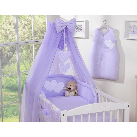 Cotbed Bedding set 5-pcs with mosquito-net- Hanging Hearts lilac