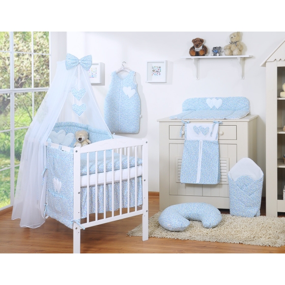 Cotbed Bedding set 5-pcs with mosquito-net- Hanging Hearts little blue flowers