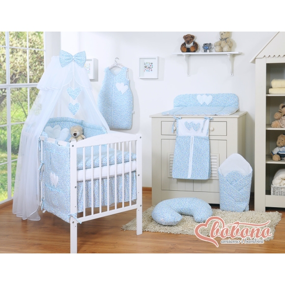 Cotbed Bedding set 5-pcs with mosquito-net- Hanging Hearts little blue flowers