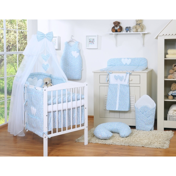 Cotbed Bedding set 5-pcs with mosquito-net- Hanging Hearts little blue flowers
