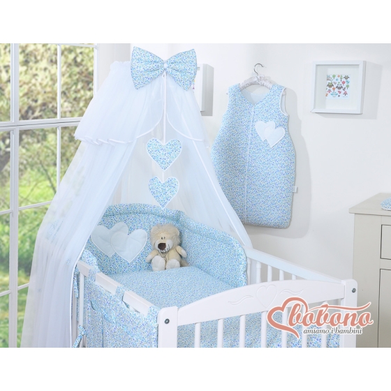 Cotbed Bedding set 5-pcs with mosquito-net- Hanging Hearts little blue flowers