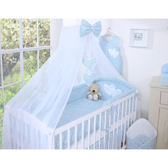 Cotbed Bedding set 5-pcs with mosquito-net- Hanging Hearts little blue flowers