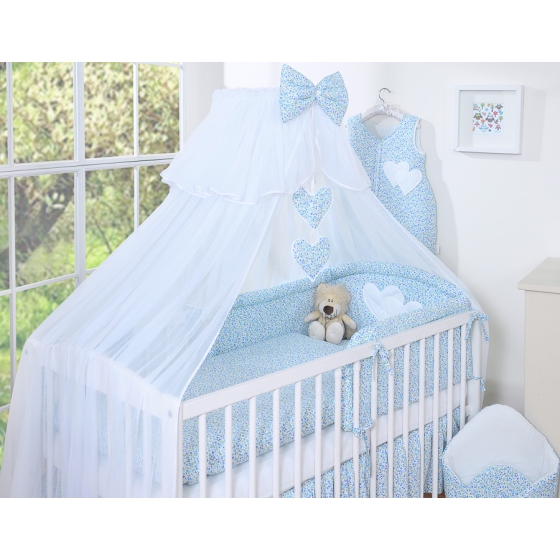 Cotbed Bedding set 5-pcs with mosquito-net- Hanging Hearts little blue flowers