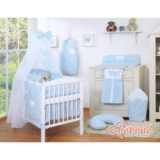 Cotbed Bedding set 5-pcs with mosquito-net- Hanging Hearts little blue flowers