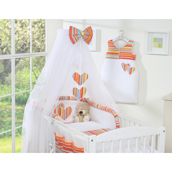 Cotbed Bedding set 7-pcs with mosquito-net- Hanging Hearts orange stripes