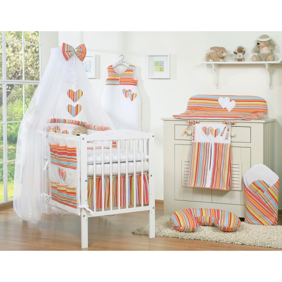 Cotbed Bedding set 7-pcs with mosquito-net- Hanging Hearts orange stripes