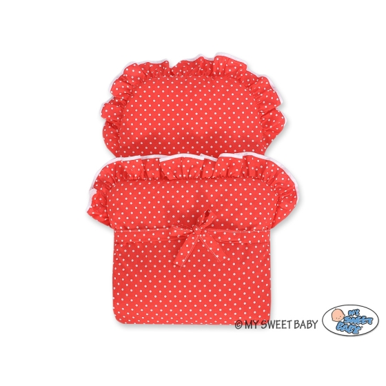 Doll Pram made of Natural Wicker and Wood Red with White Dots