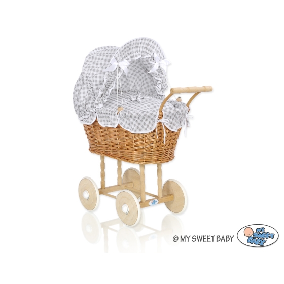 Doll Pram made of Natural Wicker and Wood White Gray Checkered