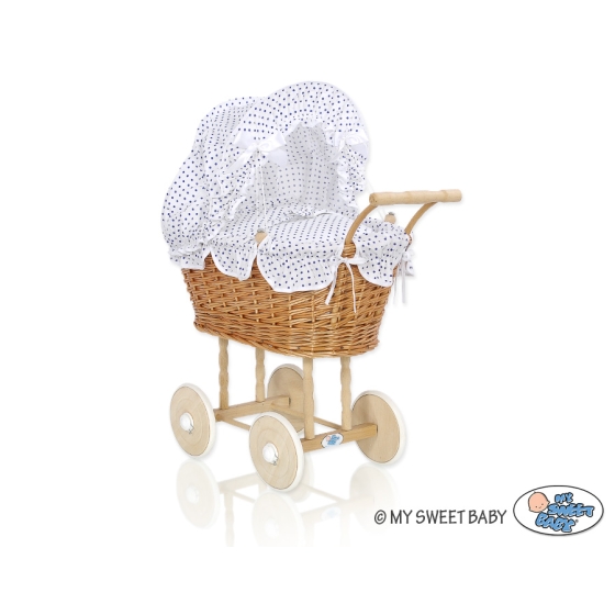 Doll Pram made of Natural Wicker and Wood White with Navy Blue Dots Bedding Set