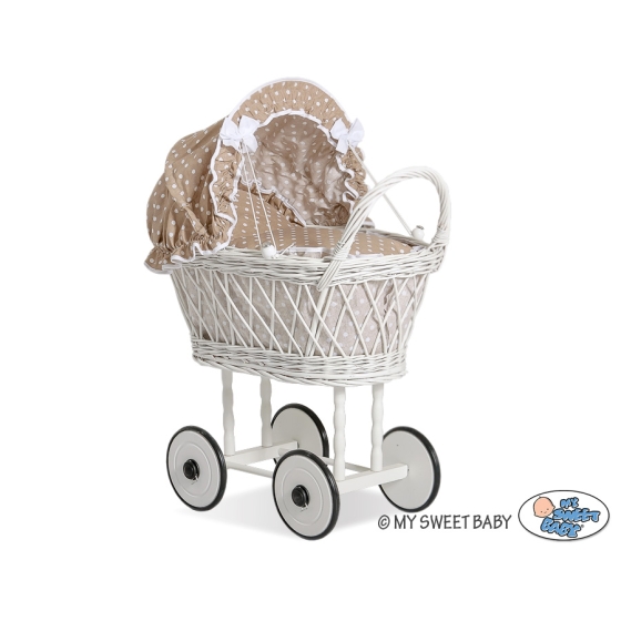Doll pram made of White Wicker Bedding Set White Dots on Brown