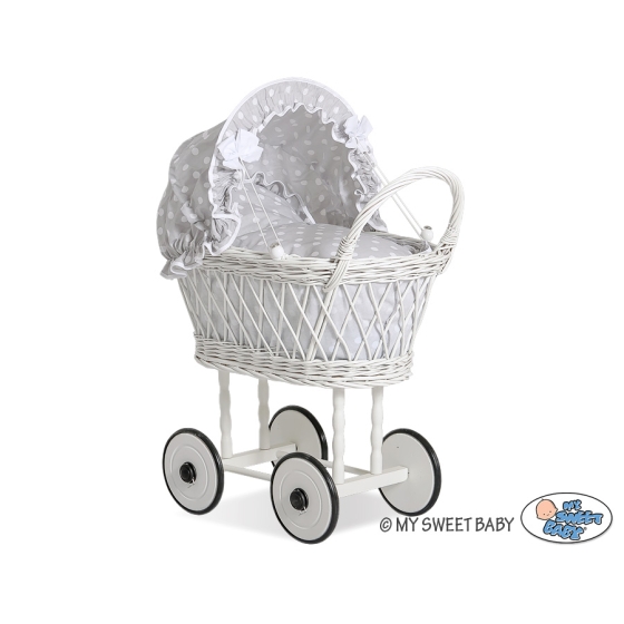 Doll pram made of White Wicker Bedding Set White Dots on Gray