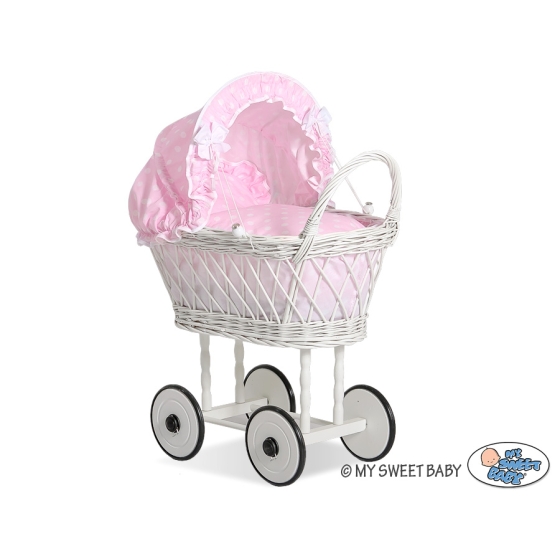 Doll pram made of White Wicker Bedding Set White Dots on Pink
