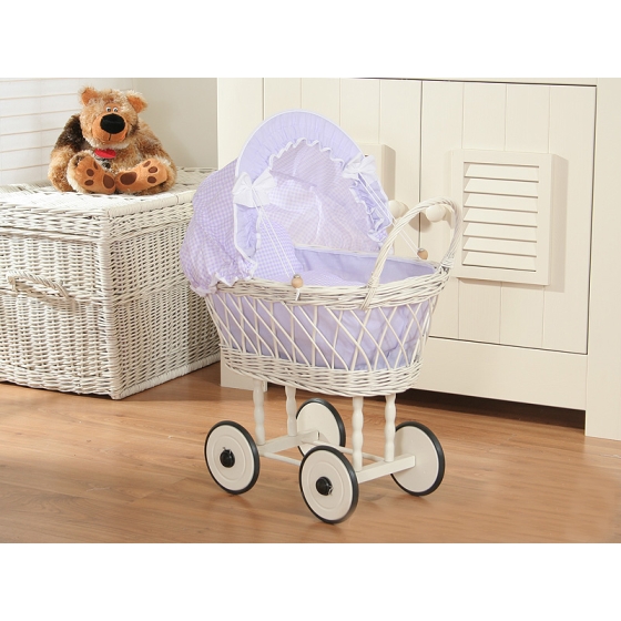 Doll pram made of White Wicker Lilac check Bedding
