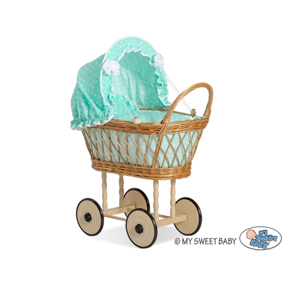 Doll pram Natural Wicker and Wood Bedding Set White Dots on Mint