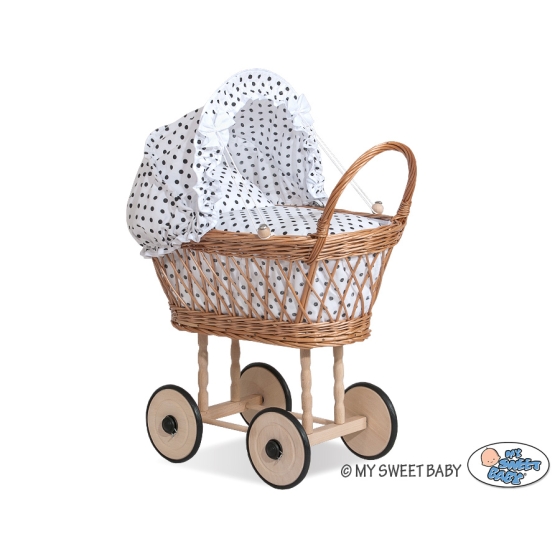 Doll pram Natural Wicker and Wood White with Black Dots Bedding Set