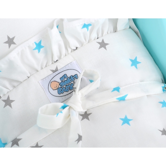 Doll pram Turquoise with White Bedding Set White with Blue and Gray Stars