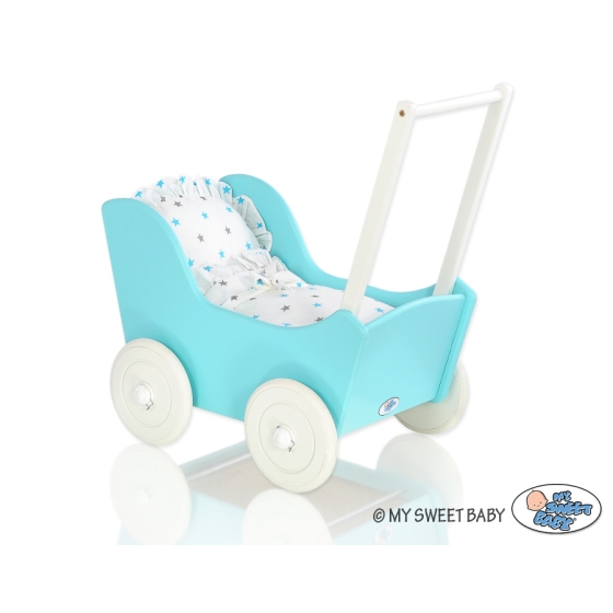 Doll pram Turquoise with White Bedding Set White with Blue and Gray Stars