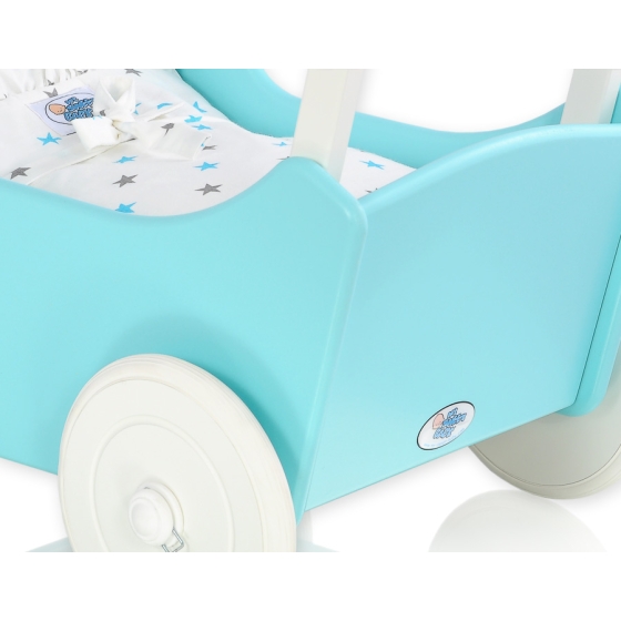 Doll pram Turquoise with White Bedding Set White with Blue and Gray Stars