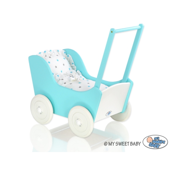 Doll pram White- Turquoise Bedding Set White with Blue and Gray Stars