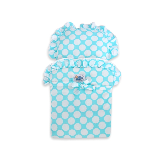 Doll pram White with Turquoise Turquoise with Big White Dots Bedding Set