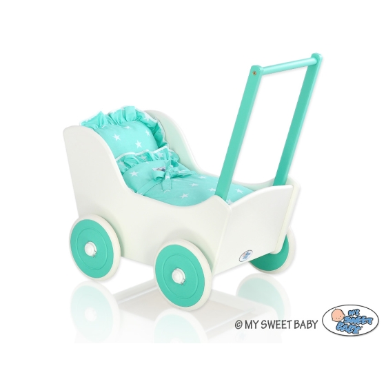 Doll pram Wood White with Mint -717