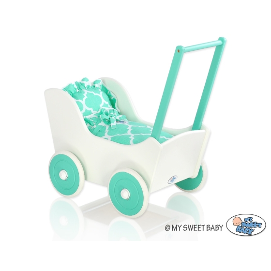 Doll pram Wood White with Mint -724