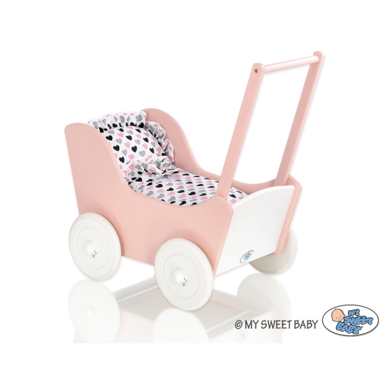 Doll pram Wooden Carriage Powder-Rosa White -767