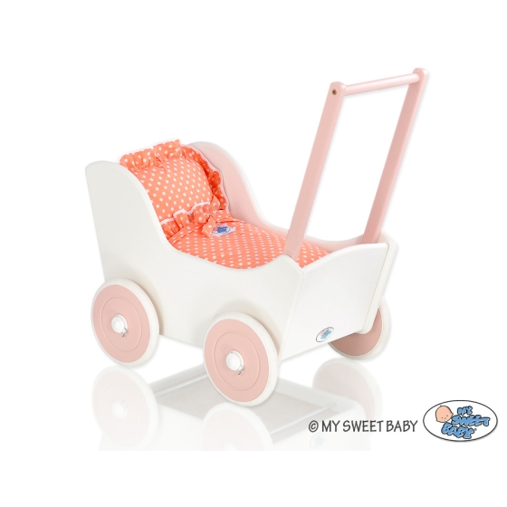 Doll pram Wooden Stroller White with Powder Rosa -761