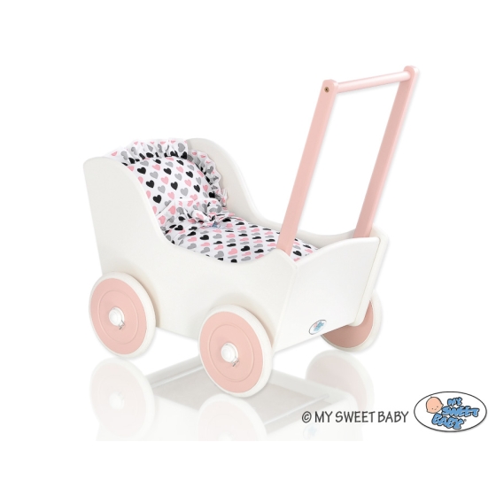 Doll pram Wooden Stroller White with Powder Rosa -767