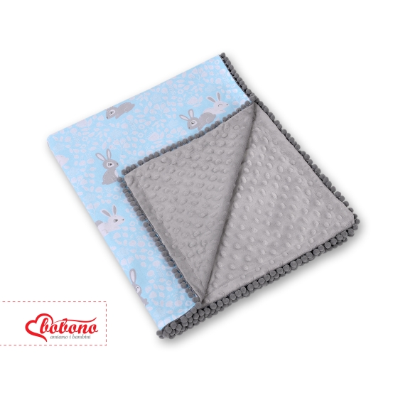 Double-sided baby blanket minky with pompoms - blue rabbits