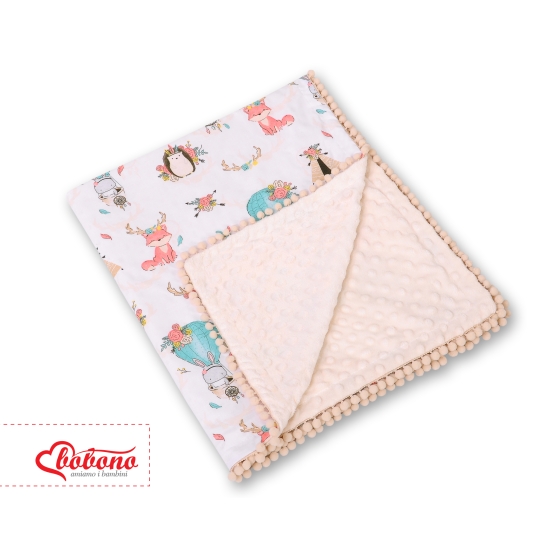 Double-sided baby blanket minky with pompoms - foxes beige