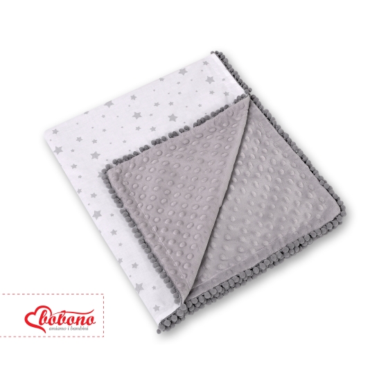 Double-sided baby blanket minky with pompoms - mini gray stars