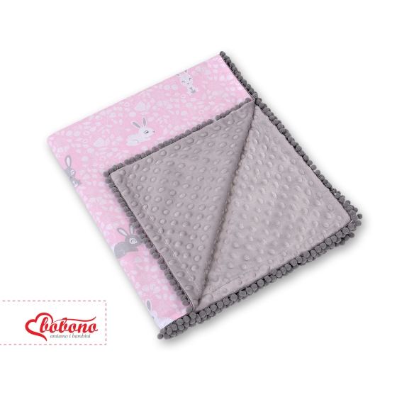 Double-sided baby blanket minky with pompoms - pink rabbits