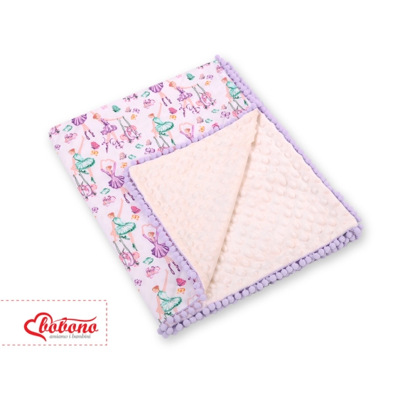 Double-sided baby blanket minky with pompons - ballerinas lilac