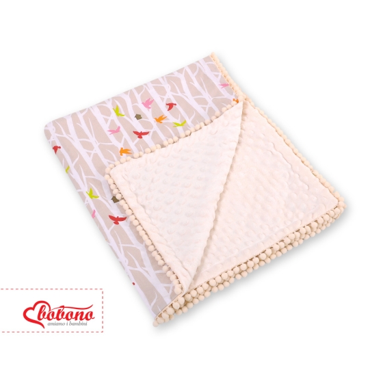 Double-sided baby blanket minky with pompons - beige tree
