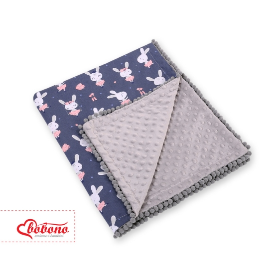 Double-sided baby blanket minky with pompons - blue rabbits