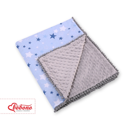 Double-sided baby blanket minky with pompons - blue stars