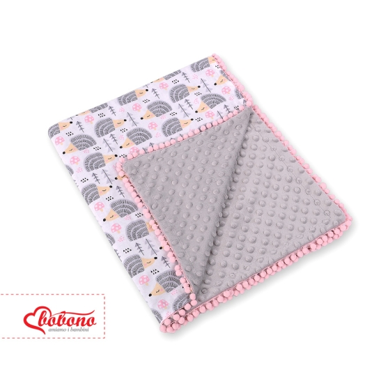 Double-sided baby blanket minky with pompons - hedgehogs Gray