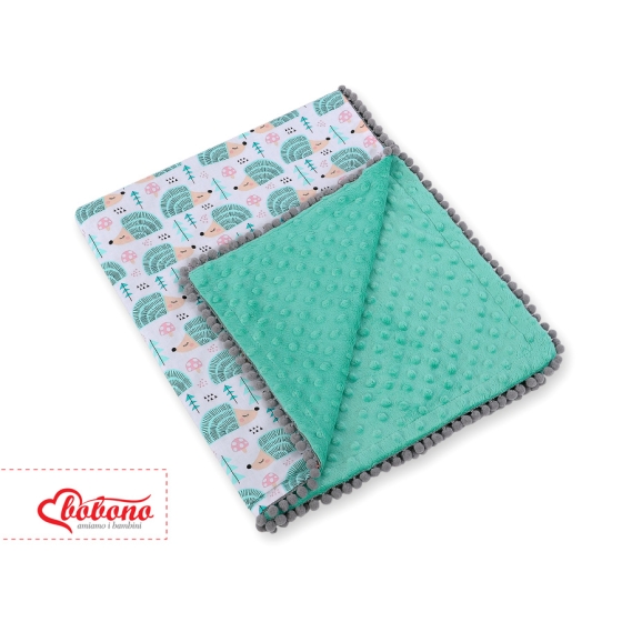 Double-sided baby blanket minky with pompons - hedgehogs mint