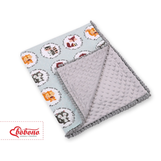 Double-sided baby blanket minky with pompons - mint animals