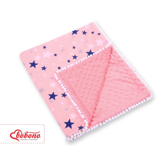 Double-sided baby blanket minky with pompons - pink-navy blue stars