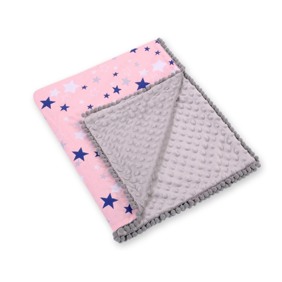 Double-sided baby blanket minky with pompons - pink-navy blue stars