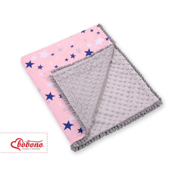 Double-sided baby blanket minky with pompons - pink-navy blue stars