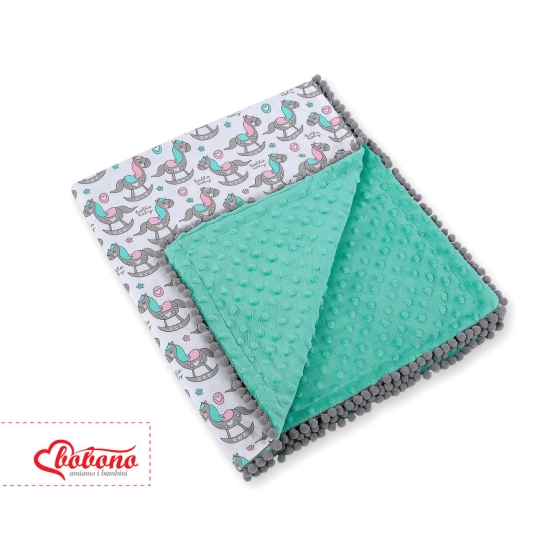 Double-sided baby blanket minky with pompons - rocking horses