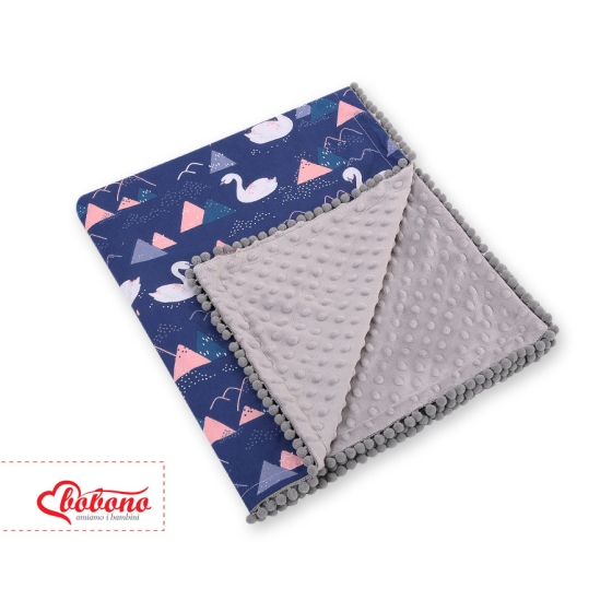 Double-sided baby blanket minky with pompons - Swans navy blue