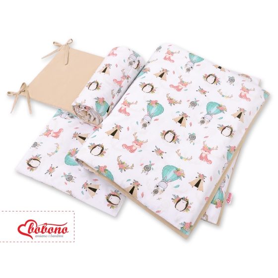 Double-sided bedding set 3-pcs - foxes beige/beige