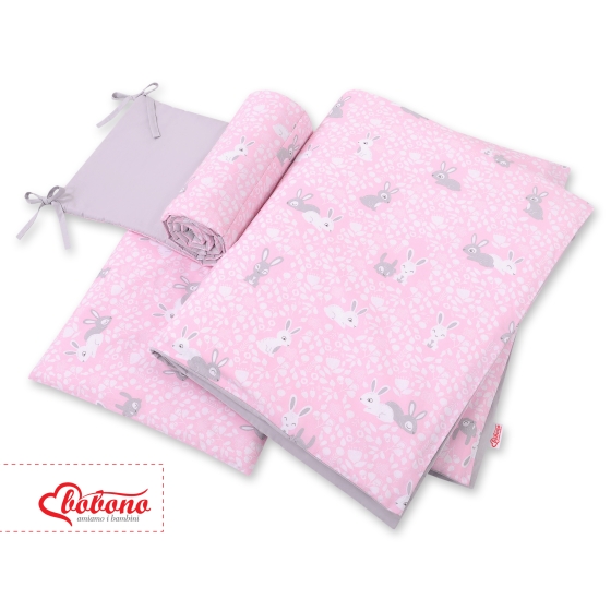 Double-sided bedding set 3-pcs - pink rabbits/gray