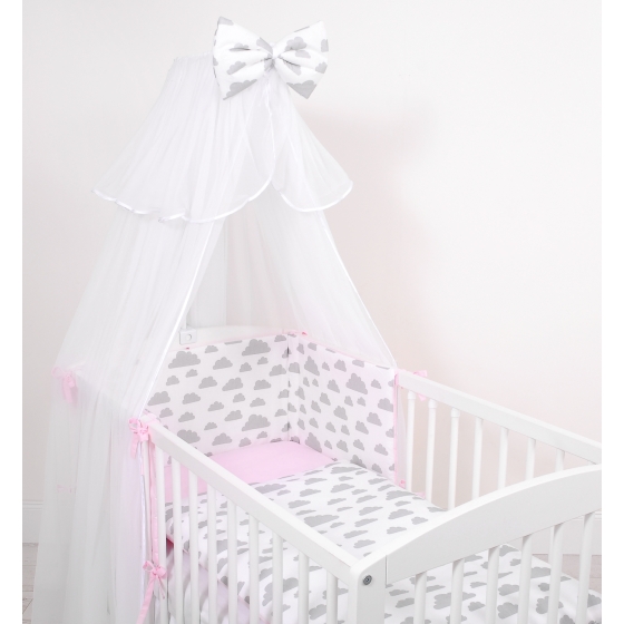 Double-sided bedding set 5-pcs with mosquito-net - clouds gray/pink