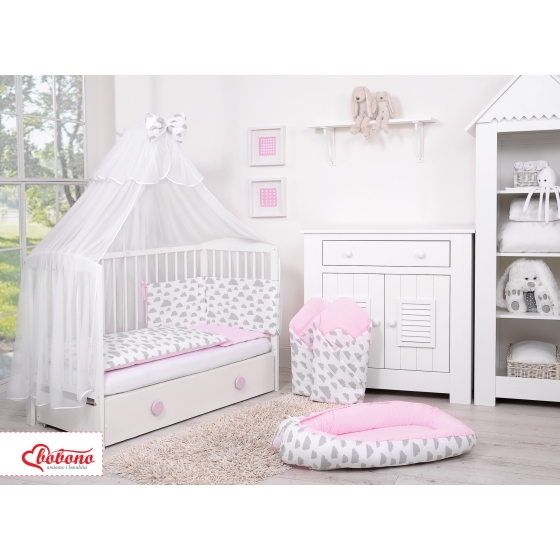 Double-sided bedding set 5-pcs with mosquito-net - clouds gray/pink