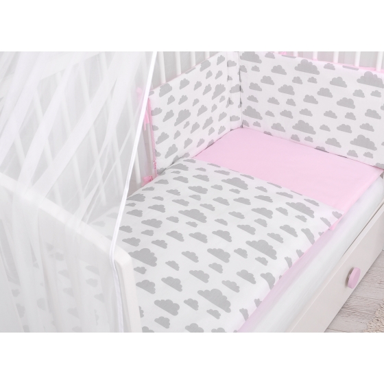 Double-sided bedding set 5-pcs with mosquito-net - clouds gray/pink